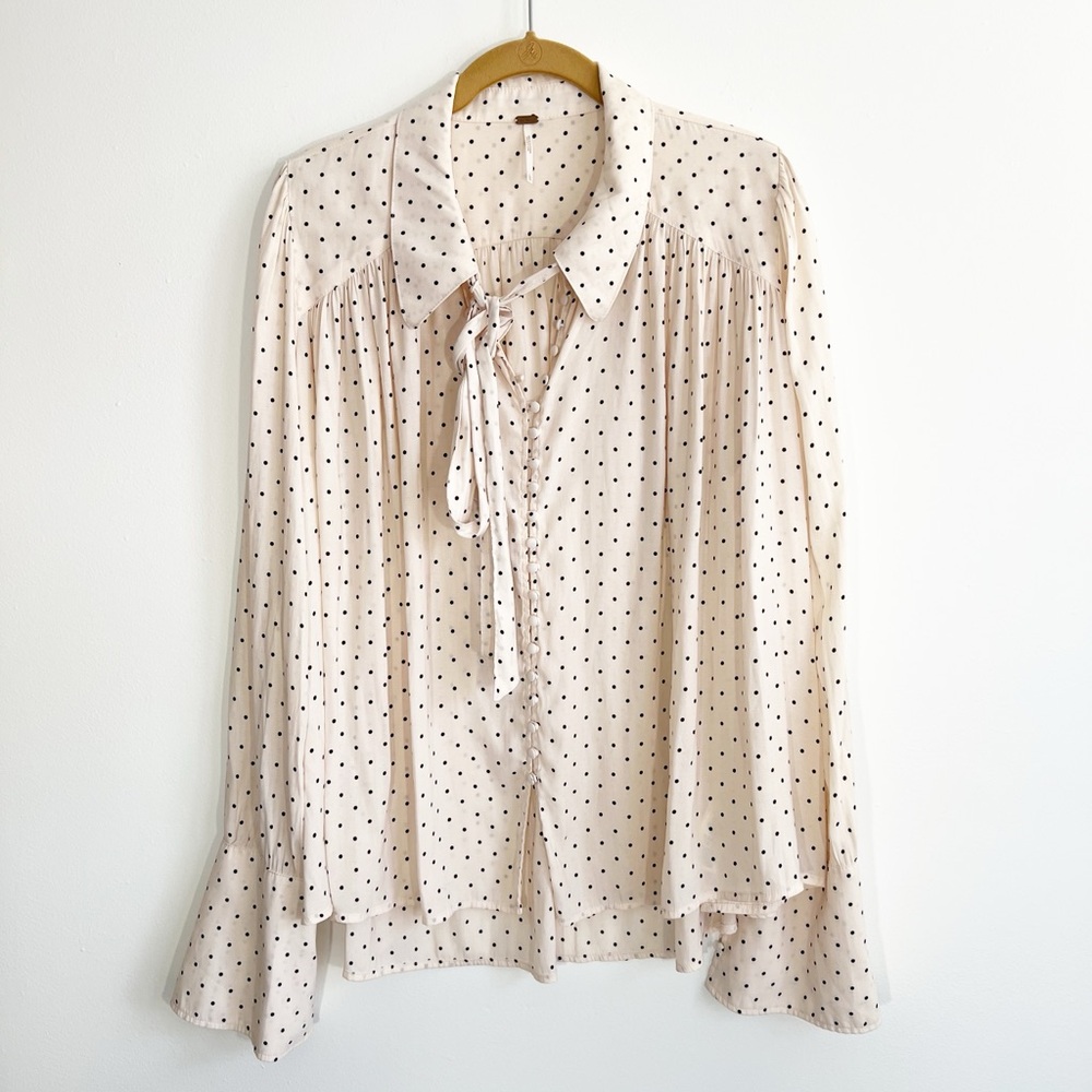 Free People Beige Pink Kennedy Button Down Polka Dot Bell Sleeve Blouse Size L - Picture 6 of 13